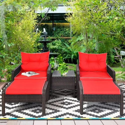 Juego de muebles de mimbre para patio, juego de conversación de mimbre modular para exteriores con 2 otomanas y mesa de centro de vidrio templado,
