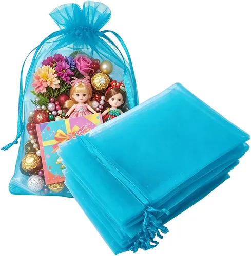Miniatura 15 de Juego de 50 bolsas de organza de regalo con cordón azul aguamarina de 4 x 6 pulgadas para baby shower, Navidad, boda, recuerdos de fiesta, despedida