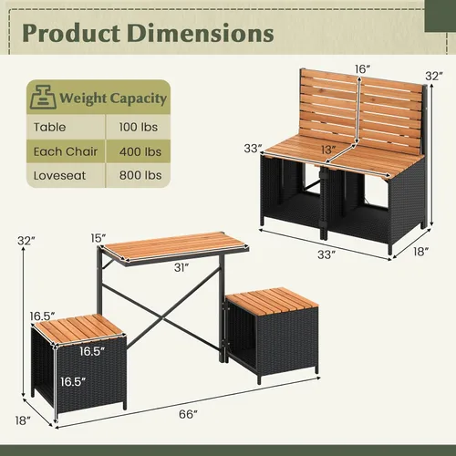 Miniatura 9 de Tangkula Mesa de bar convertible 3 en 1, mesa y sillas plegables para exteriores con marco de metal y ratán tejido, sofá biplaza de madera de acacia