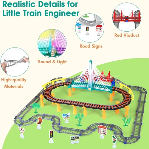 Miniatura 4 de Juego de Pistas de Tren Eléctrico DIY 2 en 1 para Niños de 4-8 Años, Juego de Pistas de Tren y Autos, Puente con Luces y Tren con Sonido, Accesorios