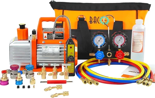 BACOENG R1234YF Bomba de vacío de AC y juego de medidores, kit de bomba de vacío HVAC de 4 CFM con detector de fugas para refrigerante R1234yf R134a