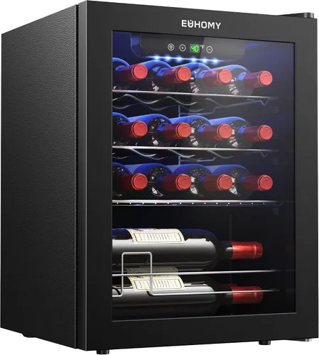 EUHOMY 16 Bottle Wine Cooler Refrigerator, Compressor Wine Fridge with Glass Door, Freestanding Wine Cellar with Digital Temp Control & LED Light