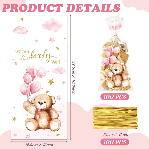 Miniatura 2 de Maitys 100 bolsas de celofán de oso para baby shower, bolsas de plástico para dulces con 100 lazos dorados, bolsas de regalo para revelación de Rosa