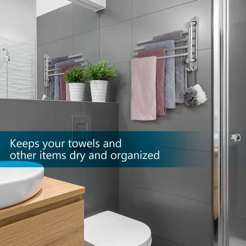 Miniatura 3 de JSVER - Toallero giratorio de 4 brazos para baño, toallero montado en la pared, de acero inoxidable SUS304, ahorrador de espacio, toalleros
