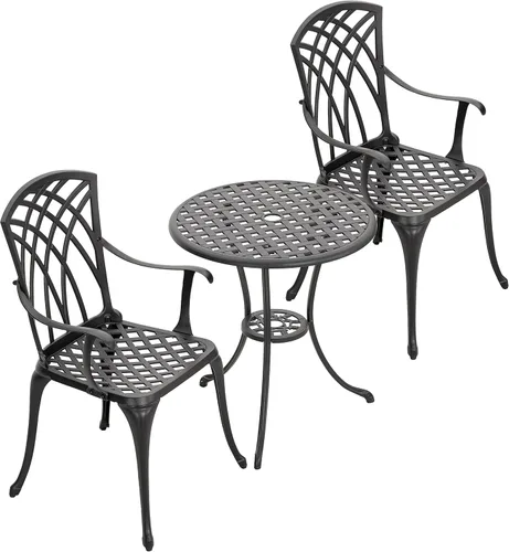 Miniatura 8 de NUU GARDEN Juego de mesa y sillas de aluminio fundido para patio, 3 piezas, con agujero para paraguas, juego de 2 unidades para patio, color negro