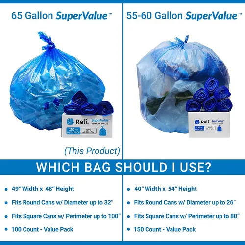 Miniatura 7 de Reli. Bolsas de reciclaje azules de 65 galones, 100 unidades, resistentes, bolsas de basura grandes