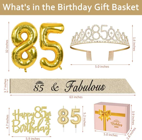 Miniatura 6 de Decoraciones de 85 cumpleaños para mujeres en oro con banda y tiara de 85 cumpleaños, adorno para pastel y velas, globos con números, regalos