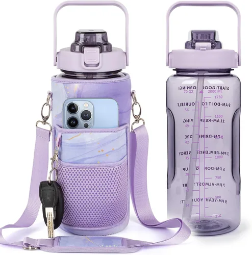 Miniatura 11 de Botella de Agua de Medio Galón con Funda, Botella de Agua Motivacional de 64 Onzas con Pajita y Marcador de Tiempo, Botella de Agua Grande