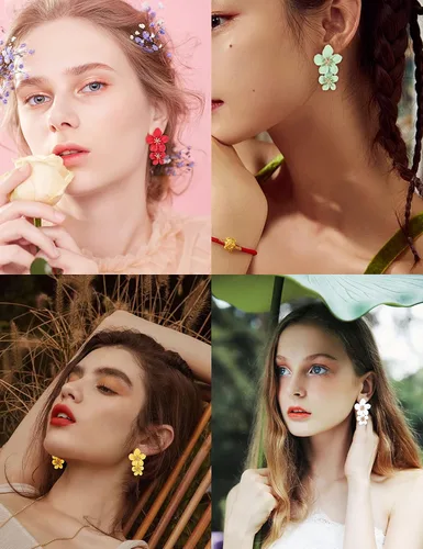 Miniatura 5 de Juego de aretes de flores para mujer, blanco, rojo, rosa, dorado, grande, hecho a mano, aleación de cristal, flor de cerezo, hipoalergénica, paquete
