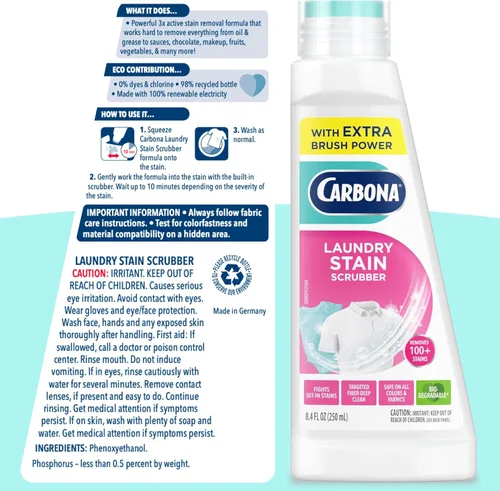 Miniatura 7 de Carbona Limpiador y removedor de manchas de lavandería (8.4 onzas líquidas), fórmula bioenzimática extra fuerte, aplicador de cepillo para limpieza