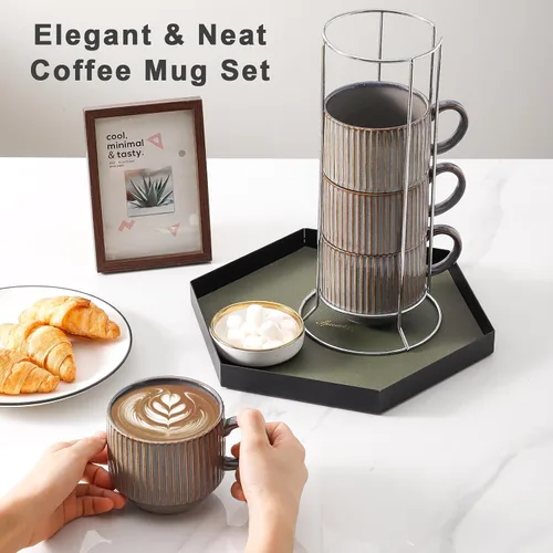 Miniatura 5 de HASENSE Porcealin - Juego de 4 tazas de café apilables con soporte, juego de 4 tazas de café grandes de cerámica acanaladas de 15 onzas para Marrón