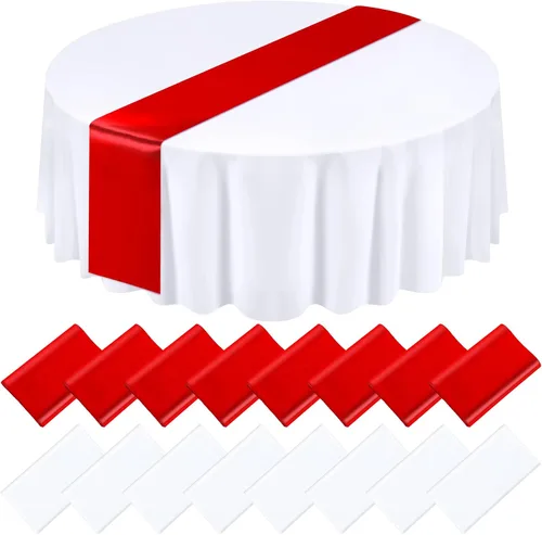 Miniatura 8 de Tudomro Juego de 16 manteles redondos de plástico negro y dorado y camino de mesa de satén de 84 pulgadas, fundas redondas de 12 x 108 pulgadas