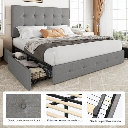 Miniatura 6 de Allewie - Base de cama con plataforma de tamaño Queen totalmente tapizada, con 4 cajones de almacenamiento y cabecera, diseño tapizado cosido