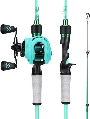 Miniatura 8 de One Bass Spirit Flame Combo de Caña de Pescar y Carrete, Caña de Pescar Giratoria y de Cebo con 2 Piezas de Cuerpo de Grafito, Guías de Acero Azul