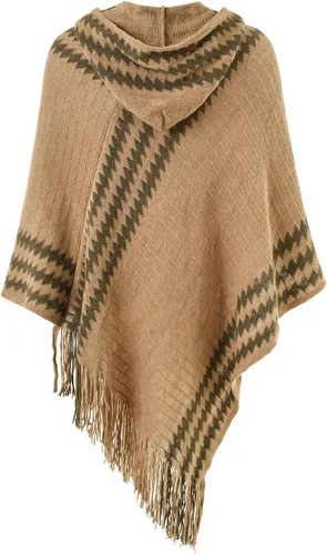 Miniatura 2 de Ferand Suéter poncho de punto con capucha y rayas en zigzag para mujer con flecos