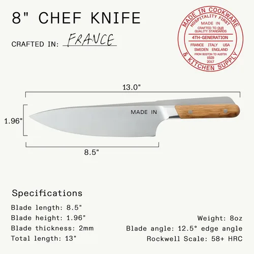 Miniatura 5 de Made In Cookware - Cuchillo de chef de 20 cm - Fabricado en Francia - Espiga completa con mango de madera de olivo