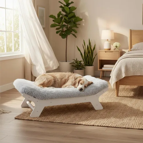 Miniatura 9 de Muihood Marco de cama elevado de madera para perro y colchón de espuma para jaula de huevos, lujoso adecuado para mascotas de hasta 45 libras