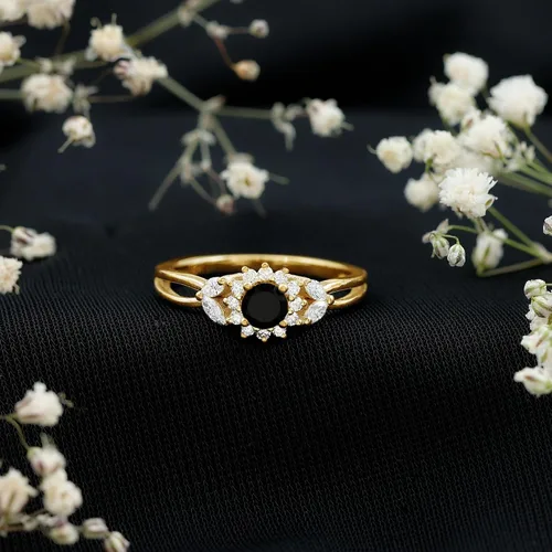 Miniatura 2 de Anillo de compromiso con halo de flor de diamante y ónix negro certificado para mujer Calidad AAA
