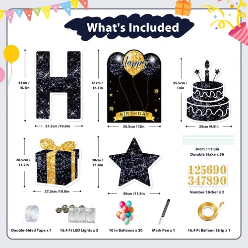 Miniatura 2 de Letrero de feliz cumpleaños con estacas, 18 piezas de letrero negro de feliz cumpleaños con luz LED de 49.2 pies, letrero grande personalizado