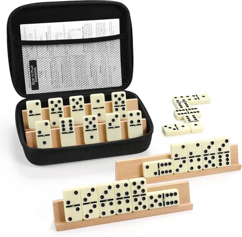 Conjunto de dominós jumbo para adultos con 4 estantes/bandejas de madera, juego de dominós doble 6 de viaje con estuche portátil, juego de dominós