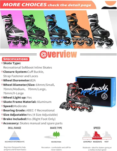 Miniatura 9 de 2PM SPORTS - Patines en línea ajustables Torinx verde para niños, patines divertidos para principiantes para niños, jóvenes, niñas, hombres