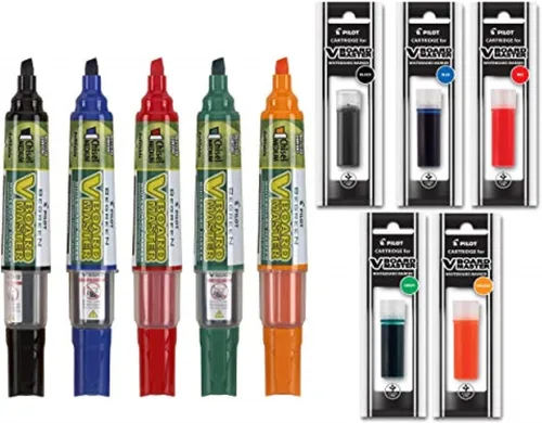 Pilot BeGreen V Board Master - Marcadores recargables de borrado en seco, colores surtidos, paquete de 5 con 1 repuesto para cada marcador