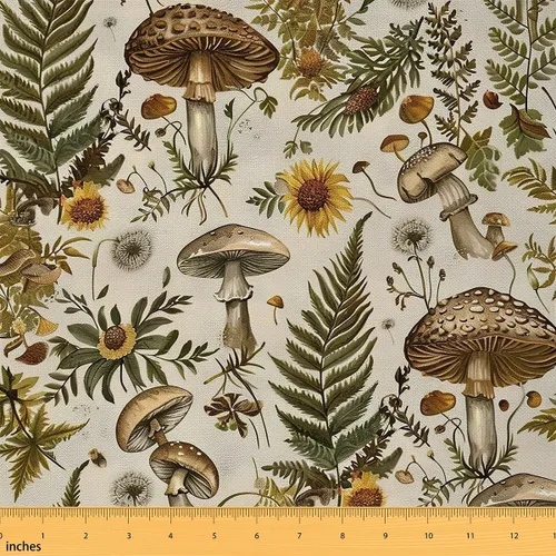 Miniatura 5 de Tela de Hongos por Yarda, Estilo Groovy de los 70s, Margaritas, Hojas Verdes, Telas para Amantes de la Costura, Plantas Naturales de la Selva, Tela