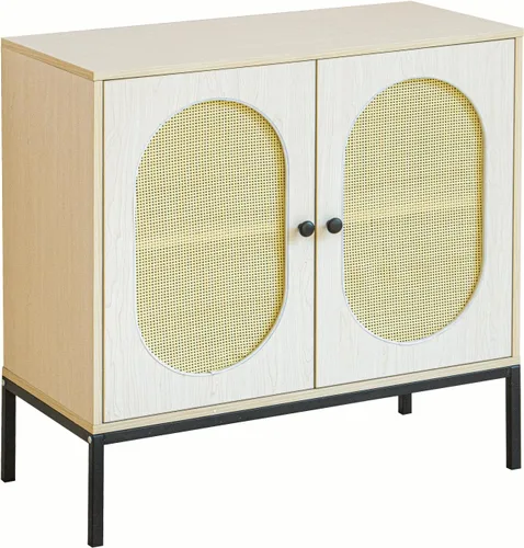 Miniatura 7 de Dolonm Armario de almacenamiento, aparador de madera con puertas ovaladas de ratán, armario de licor de bar, organizador de piso decorativo
