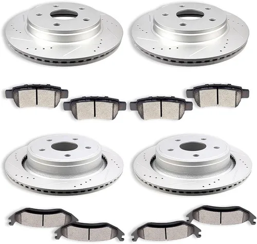 SCITOO Rotores de disco D/S delanteros de 13.23 pulgadas y traseros de 13.86 pulgadas + pastillas de freno de cerámica de repuesto para Chrysler