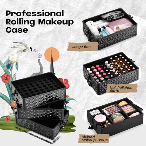 Miniatura 2 de Yueieoun Maletín de Maquillaje Profesional 5 en 1 con Ruedas, Estuche de Cosméticos Extra Grande de Aluminio Rodante Trolley de Maquillaje Negro Air