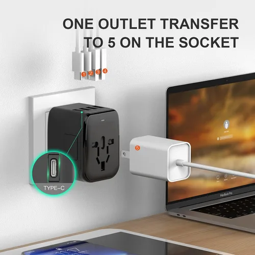 Miniatura 2 de Adaptador de Viaje Universal, VYLEE 5 en 1 Adaptador de Corriente Internacional, 3.5A 2xUSB-A y 2xUSB-C Cargador de Pared, Enchufe Esencial de Viaje