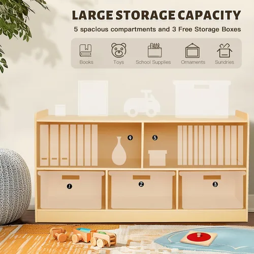 Miniatura 5 de Estante Montessori con cajas de almacenamiento, organizador de almacenamiento de juguetes de madera para libros, juguetes, estantería de 2 estantes