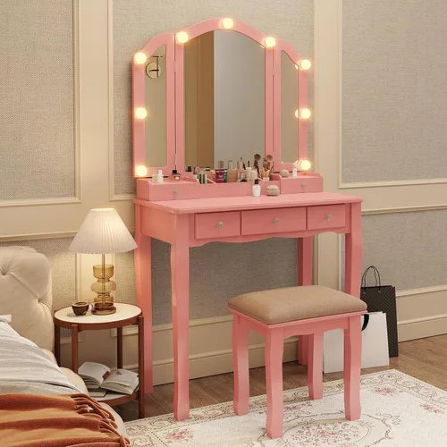 Miniatura 3 de Tocador de maquillaje rosa para niñas, escritorio con espejo y luces, tocador para niñas con luces, juego de tocador de maquillaje tocadores