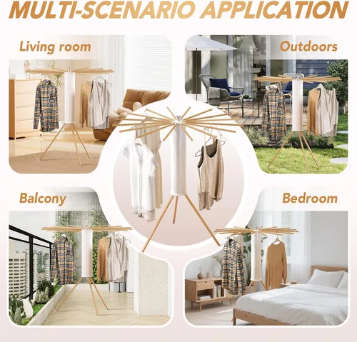 Miniatura 4 de Trípode plegable para secado de ropa, madera de haya y soporte de lavandería portátil, colgador plegable que ahorra espacio con 16 brazos