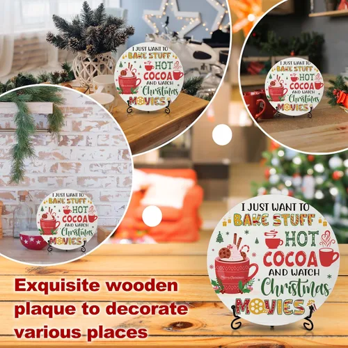 Miniatura 5 de Decoraciones navideñas para el dormitorio del hogar, letrero redondo de madera de cacao caliente con soporte de hierro para estante de mesa de Hot
