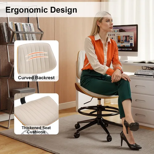Miniatura 6 de Silla de dibujo, silla de oficina ergonómica con respaldo de madera de nogal, silla de escritorio de piel sintética sin brazos con altura ajustable