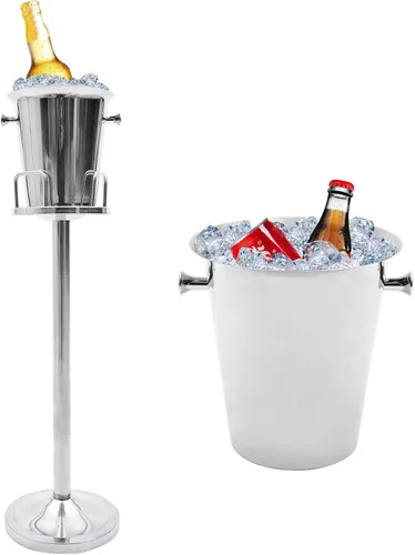 Miniatura 10 de Cubo de hielo con soporte, enfriador de champán 201, cubo de hielo de pie de acero inoxidable, contenedor de cubitos de hielo, enfriador con asa