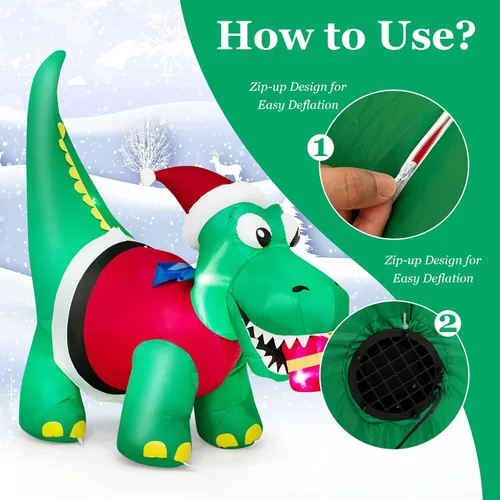 Miniatura 9 de Tangkula Mordedura inflable de dinosaurio de Navidad iluminada de 6 pies, caja de regalo, decoración inflable de Navidad con luces LED y caja
