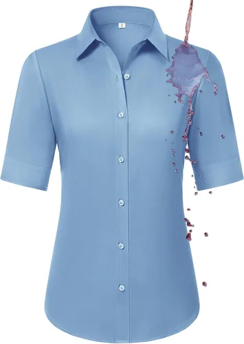 Miniatura 7 de Camisas con botones para mujer, ajustadas, de manga corta, con cuello, sin arrugas