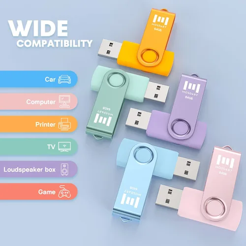 Miniatura 2 de MOSDART Unidad flash USB 2.0 de 64 GB, con bucle para llavero, diseño giratorio con luz LED, memoria exFAT para computadoras, respaldo del sistema