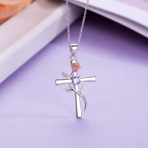 Miniatura 5 de BlingGem Collar de cruz para mujer, collar de plata de ley 925, colgante de cruz rosa, circonita cúbica 5A, 12 meses de nacimiento, aniversario