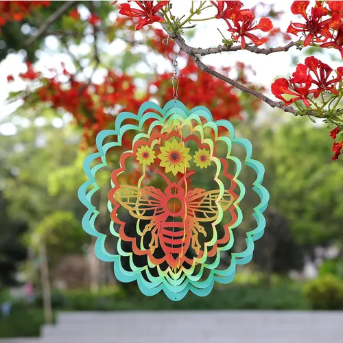 Miniatura 3 de Kinetic - Adorno colgante de metal 3D con diseño de abeja y viento para el hogar y el jardín, diseño de mandala de abeja de 12 pulgadas, molinos