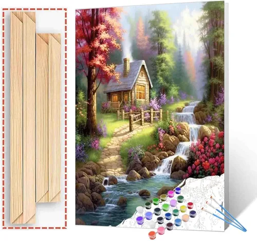 Miniatura 24 de Tucocoo Kit de pintura de flores para casa por números con pinceles y pigmento acrílico sobre lienzo para adultos, paisajes de bosques arroyos