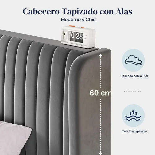Miniatura 5 de Allewie - Base de cama tamaño Full con cabecera acolchada tapizada en terciopelo y diseño acanalado vertical; plataforma de cama tapizada; listones