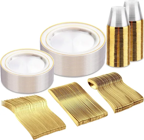 Miniatura 9 de bUCLA Juego de vajilla de plástico dorado desechable de 150 piezas, platos dorados resistentes que incluyen 25 platos de cena y 25 platos de postre