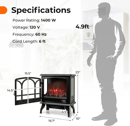 Miniatura 7 de GOFLAME Estufa eléctrica de chimenea de 23 pulgadas, calentador de chimenea independiente con efecto de llama regulable de 3 niveles y temporizador