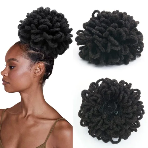 Miniatura 13 de Moños de Cola de Caballo con Cordón Negro Marrón Loc para Mujeres Negras Moño Rizado de Pétalo Loc Cola de Caballo de Rastas Trenzas Faux Locs Moño