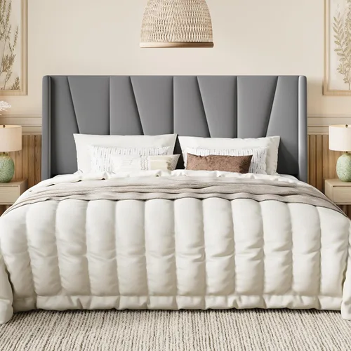 Miniatura 9 de SHA CERLIN Base de cama tamaño King con cabecera geométrica con respaldo de ala, cama de plataforma tapizada con espacio debajo de la cama de 8 Beige