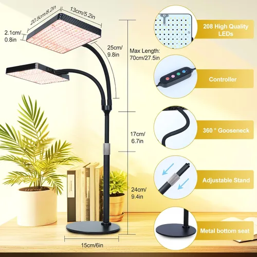 Miniatura 5 de FECiDA Luz de crecimiento de escritorio de 2 cabezales de 50 W, luces de cultivo de mesa para plantas de interior de espectro completo, temporizador