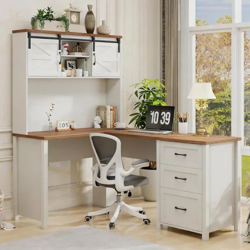 Miniatura 10 de Vabches Escritorio rústico en forma de L de 68 pulgadas de alto con gabinete, mesa de oficina con 3 cajones y puertas correderas, escritorio